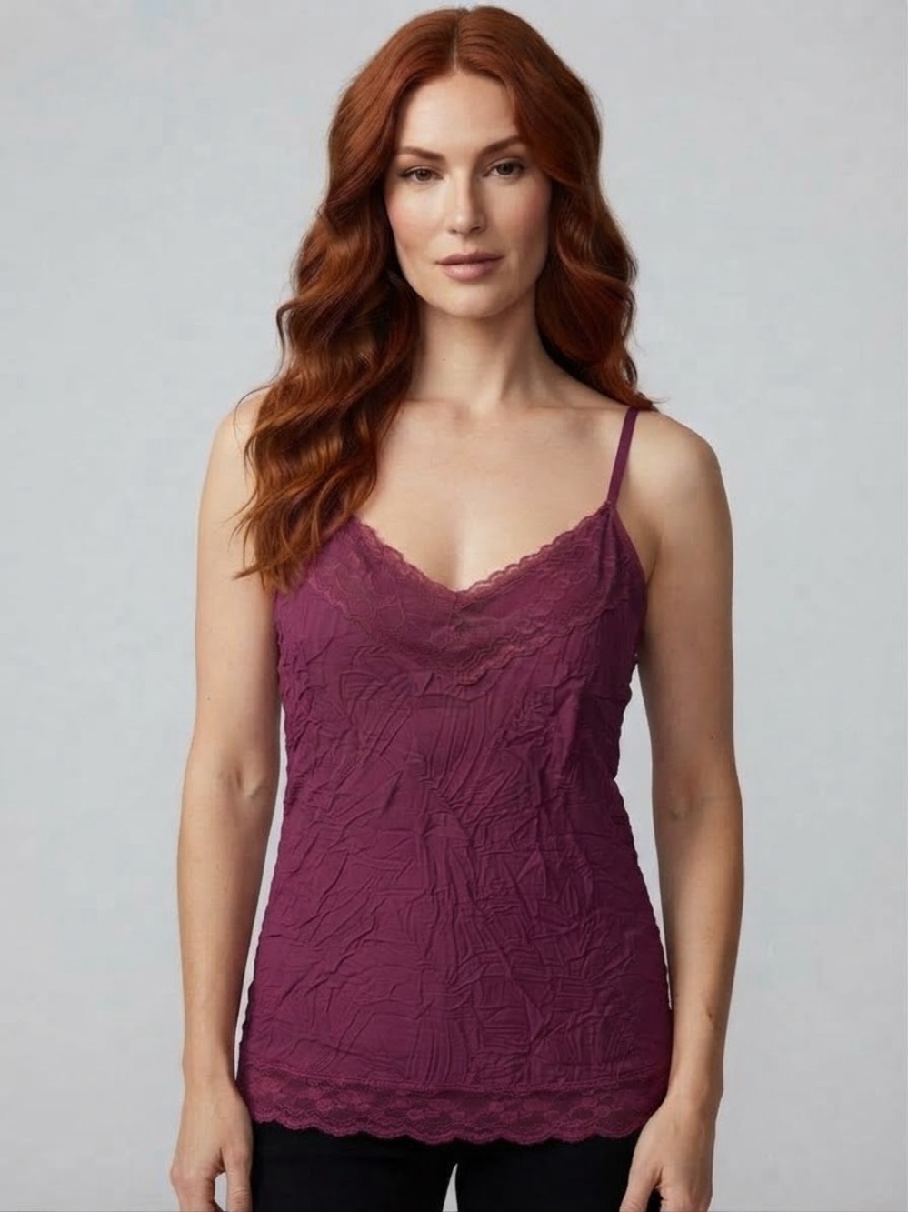 Dressbarn Plum Textured Crinkle Lace Trim Camisole